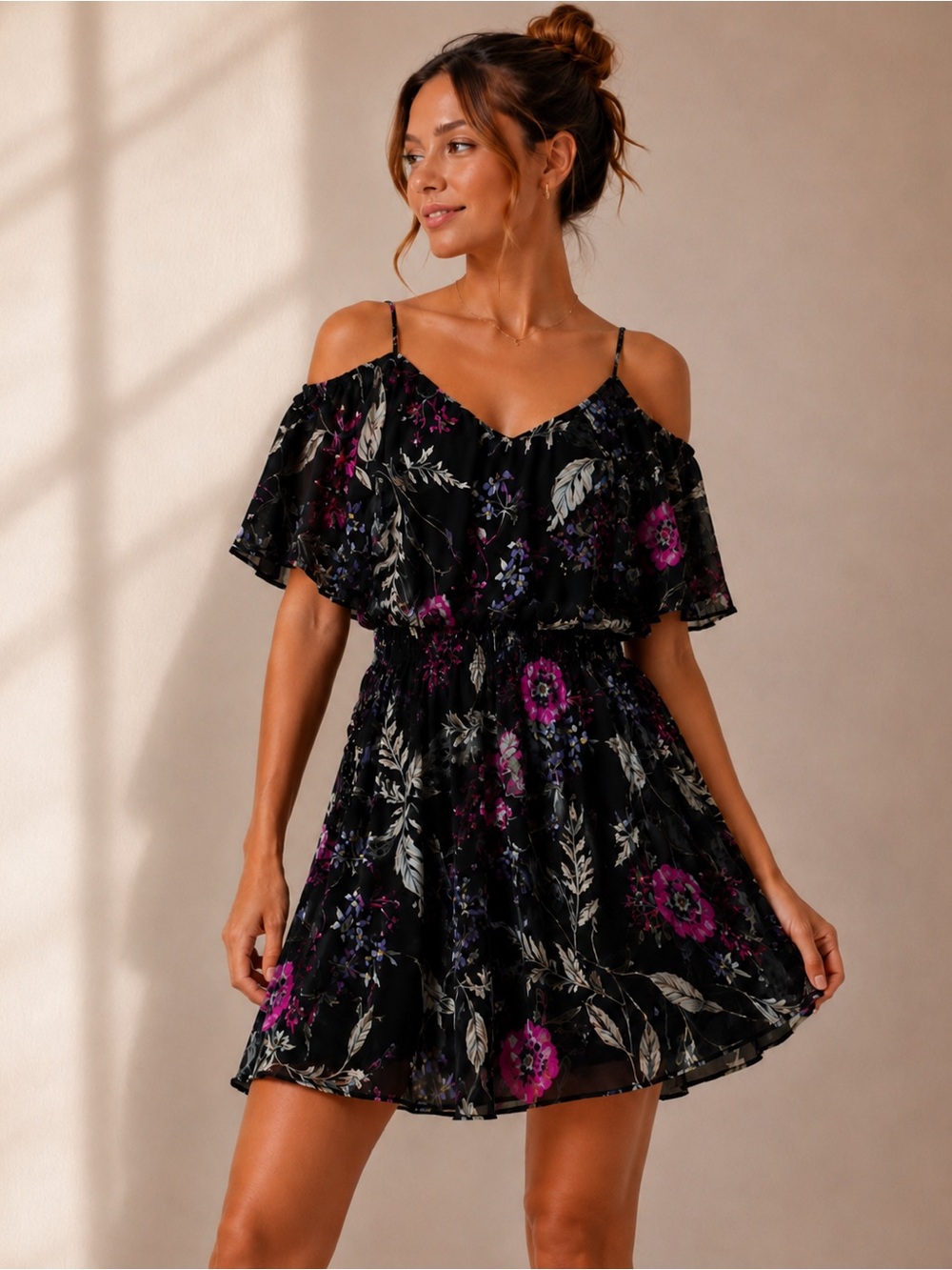 MEDIUM Express Black Floral Off- Shoulder Swing Dress W/Adjustable Straps